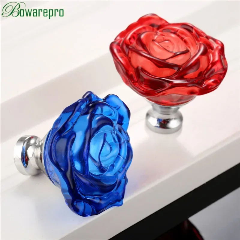 Furniture Hardware Drawer Pulls - bowarepro 50MM Crystal Rose Glass Handle
